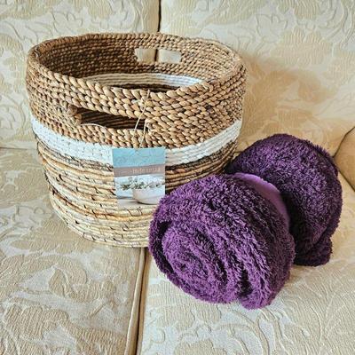 New w/ Tag- Striped Woven Wicker Basket & Purple Throw Blanket