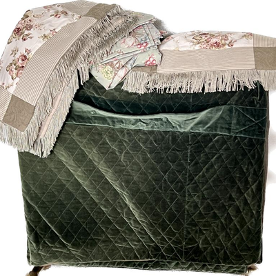 Lot #31 - Twin Bedding Set: Quilted Pine Green Velvet Duvet, Shabby Chic Arhaus Pillow Shams, Ralph Lauren Sheet Set