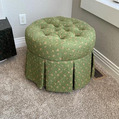Lot #27 - Classic Button-Tufted Round Ottoman with Pleated Skirt Upholstered in Charming Green Floral Pattern