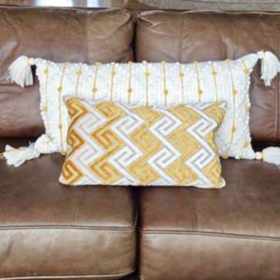 Lot #14 - Set of Two Fun Rectangle Throw Pillows in Bright Colors - Yellows and Whites - Chenille w/ Down Pillow Inserts