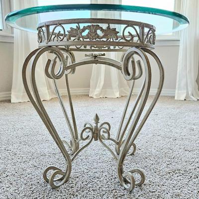 Wrought Iron End Table in Warm Neutral Color and Round Beveled Glass Top