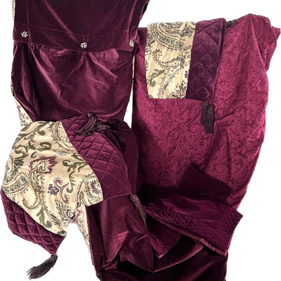 Lot #33 - Luxury Port Wine Velvet Bedding- Double Sided Velvet of Floral Duvet, 2 Standard Shams, 2 Square Shams, Cotton Duvet