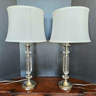 Brushed Nickel Table Lamp Set with Glass Column and White Shades