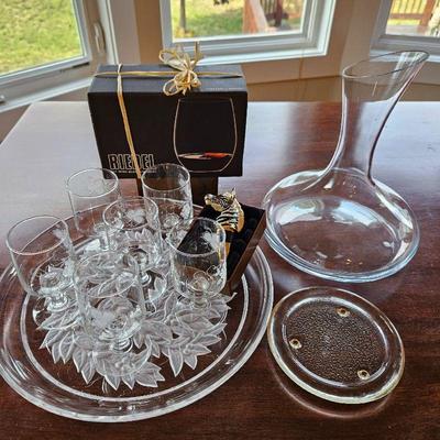 Set of crystal wine glasses, glass decanter and Riedel wine goblets and more