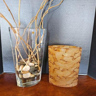 Pair of Two Vases Hand Crafted in Poland in Two Variations -Marbled Tan Tones and Clear Glass