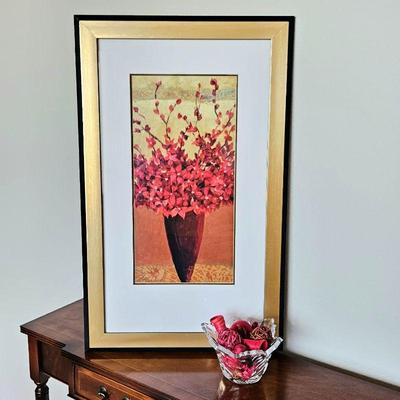 Framed Contemporary Wall Art in Red Floral Theme and Small Crystal Glass Bowl w/ PotpourriÂ 