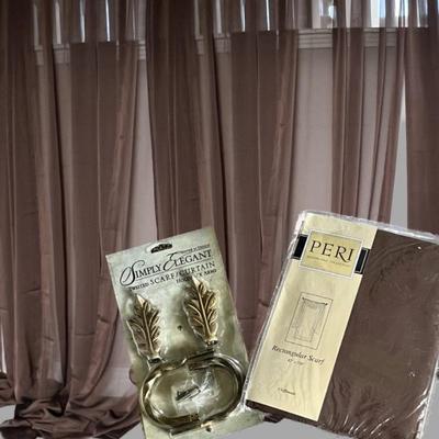 Lot #42 - Set of 4 Sheer Chocolate Brown Chiffonade Drapes w/ Matching Scarf and Brass Holdback Arms