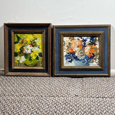 (2pc) Pair Tanya Jacobi Oil Paintings | Framed & signed flower bouquet oil paintings. - l. 10.5 x h. 9.5 in
