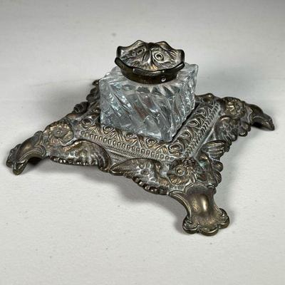 Owl Inkwell | Owl inkwell in iron with a brass finish. Owls on all four corners and inkwell. - l 5.5 x w. 5.5 x h. 2.75 in
