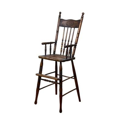 Oak Childâ€™s Chair | Oak tall childâ€™s chair with pressed back and cane seat. - l. 13.5 x w. 14 x h. 43.5 in
