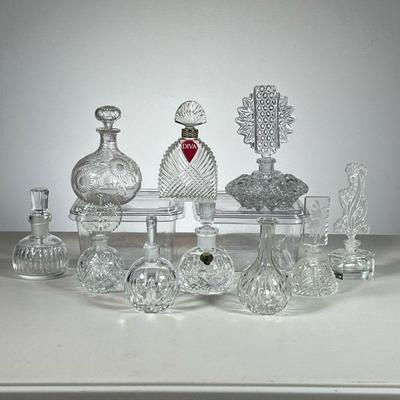 (10pc) Clear Cut Glass & Crystal Perfume Bottles | Mixed assortment of cut clear glass & crystal perfume bottles. - h. 7 x dia. 5 in...