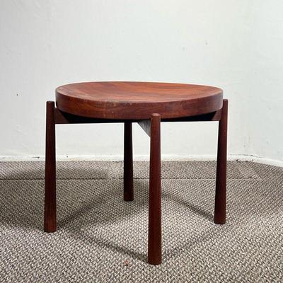Modern Table on Stand | Inlaid wood round concave top on a four-leg stand. - h. 17.5 x dia. 19.5 in
