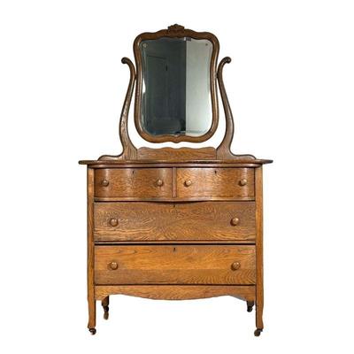 Oak Chest W/ Mirror | Oak Chest with attached beveled glass mirror. Two over two drawers. - l. 39.5 x w. 20 x h. 67 in (To mirror top) -...