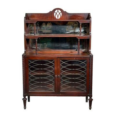 Decorative Shelf Cabinet | Small Mahogany Cabinet with turned front posts, shelves and two glass doors with decorative grillwork. - l....