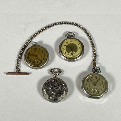 (4pc) Mixed Pocket Watches | Includes; Cariole fishing pocket watch, Westclox Pocket Ben, New Haven pocket watch, and Tip Top pocket...
