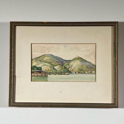 Fugger Signed Watercolor Painting | View of Leopoldsberg as seen from the Danube in Vienna. Signed Fugger 1956. - l. 13 x h. 10 in

