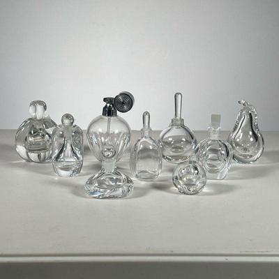 (9pc) Round Clear Glass Perfume Bottles | Mixed assortment of round clear glass perfume bottles. - h. 5 x dia. 3 in (largest)
