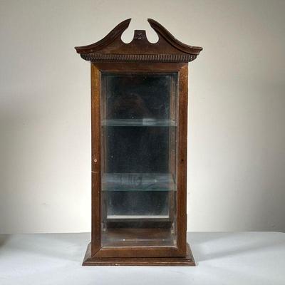 Display Cabinet | Cabinet with cornice top, turned moulding, and two glass shelves- l. 12 x w. 8.5 x h. 26 in
