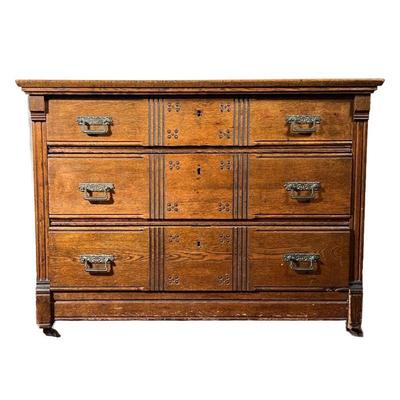 Oak Chest | Oak Chest with three drawers. Geometric Design on drawer fronts. Original brasses. - l. 42 x w. 21.75 x h. 31.5 in

