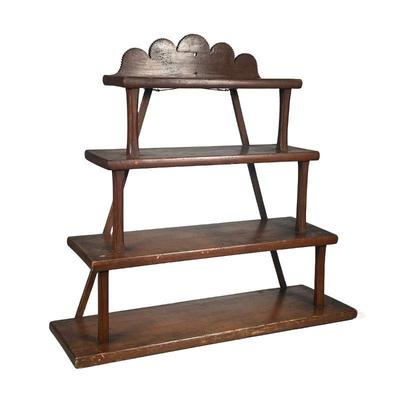 Carved Top Shelf | Carved top decoration on four tier hanging pine shelf. - l. 24 x w. 8 x h. 22.5 in
