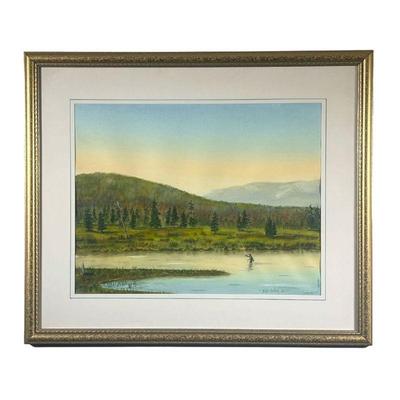 J.C. Wunderlich Signed Watercolor | Signed & dated 2003 watercolor depicting man fly-fishing in gilt frame. 21 x 16in sight. - l. 29.5 x...