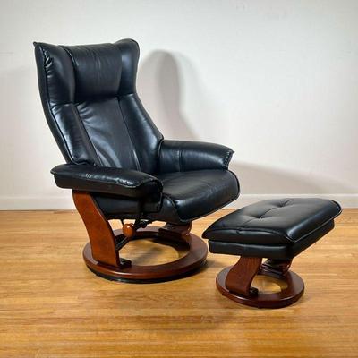 (2pc) BenchMaster Leather Recliner | BenchMaster Black Leather Recliner w/ ottoman. Model #743D. Manufacture Date: 10/2012 - l. 32 x w....