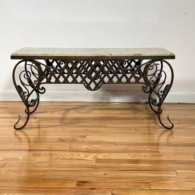 Wrought Iron Table | Low Wrought Iron Table with variegated marble top. Table has extensive grill work on both sides. - l. 34 x w. 14 x...