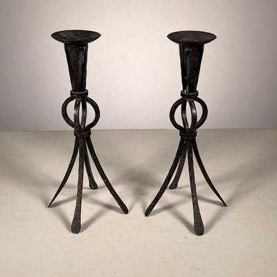 (2pc) Arts & Crafts Candlesticks | Pair of hand-wrought iron hammered candlesticks. - l. 3.75 x w. 3.75 x h. 10.25 in
