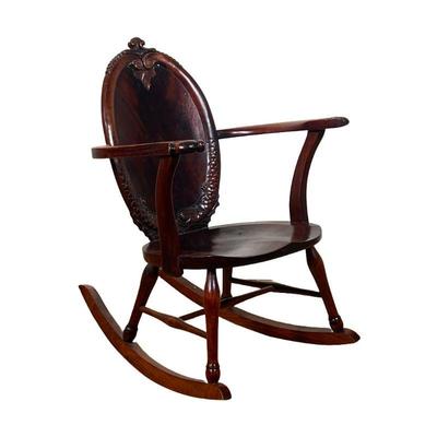 Mahogany Rocking Chair | Rocking chair with elaborate carved back. - l. 24 x w. 17 x h. 33 in (Seat height: 16â€)
