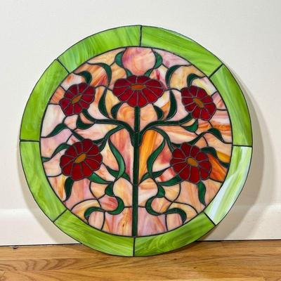Flower Leaded Glass | Bordered by lime green slag glasss, depicts large flower bush with 5 bloomed flowers. - dia. 22 in 