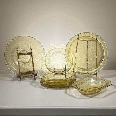  (9pc) Yellow Depression Glass Set | Yellow embossed Small Depression set. Set includes: (6) Dinner Plates. (1) Round Platter. (1) Round...