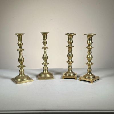(4pc) Brass Candlesticks | Two Pair of heavy, very high quality Brass Candlesticks. Unmarked. - l. 3.25 x w. 3.25 x h. 10 in (Larger Pair) 