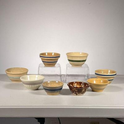 (8pc) Yellow Ware Mixing Bowls | Yellow Ware, Bennington and other small mixing bowls. - h. 3 x dia. 5 in (Green band bowl) 