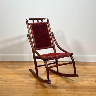Childâ€™s Bentwood Rocker | Walnut Childâ€™s rocker with bentwood arms. Red velvet seat and back. - l. 14 x w. 18 x h. 24 in 