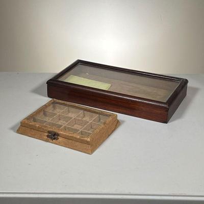 Vintage Flat Showcases | Lot includes: (1) Mahogany Flat display case. (1) Store Display Box with 12 compartments. Handwritten note on...