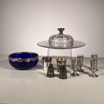 (10pc) Sterling On Glass Lot | Lot Includes: (1) Blue Bowl 925 Rim. (4) Small Cordials with 925 overlay. (2) Salt & Pepper with Sterling...