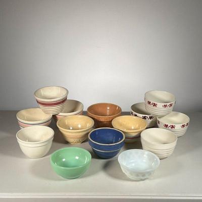(14pc) Fire King &Vintage Mixing Bowls Lot | Lot includes: (2) Fire King bowls (12) Assorted pottery bowls including Watt and Oven Ware....