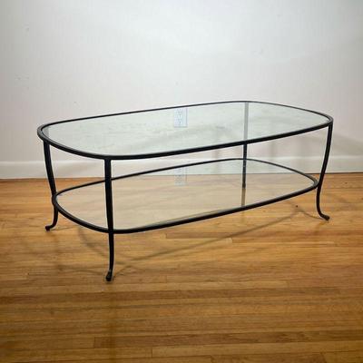 Iron and Glass Low Table | Two tier oval iron table with glass inserts. - l. 48 x w. 28 x h. 17.5 in 