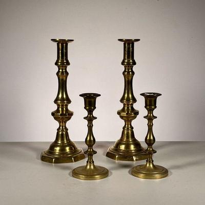 (4pc) Two Pr. Brass Candlesticks | Tall Pair of Brass Candlesticks with interior pushups and second smaller Pr. with round bases. - h. 12...