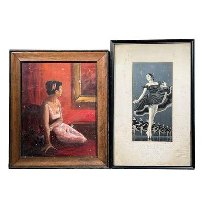 (2pc) Female Portrait & Print | Includes; female oil paint portrait by Robert Tolar; and frames ballerina print. - l. 17.25 x h. 26.75 in...