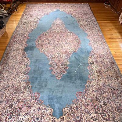 Large Blue Rug | Large blue rug with pink and purple floral patterns. - l. 210 x w. 107 in 