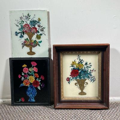 (2pc) Pair Tinsel Work Flower Bouquet | Framed Tinsel flower bouquet in vase. - l. 11.25 x h. 13.25 in (larger) 