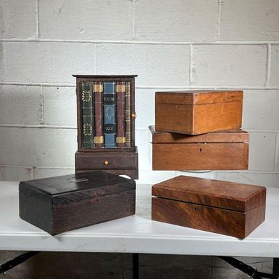 (5pc) Writing Boxes & Humidor Lot | Lot includes: (2) 19th C Writing Desk Boxes (1) Oak Humidor Box with tin liner/filter. (1) Pine...