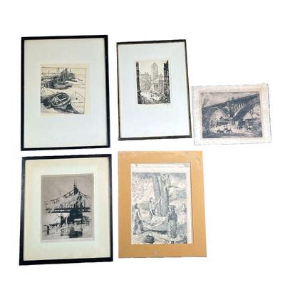  (5pc) City Etchings & Prints | Assorted etchings and prints of city and harbor scenes. - l. 15 x h. 20 in (Largest) 