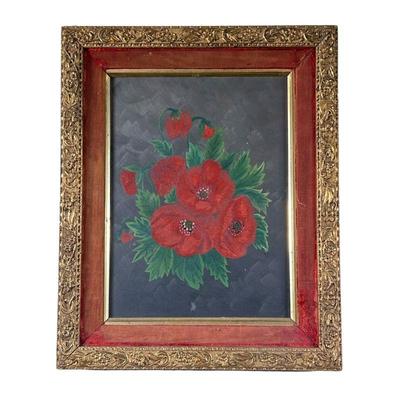 Poinsettia Oil Painting | Framed Poinsettia oil painting on wood in gilt frame. - l. 16.25 x h. 13.25 in 