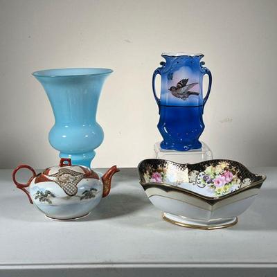  (4pc) Vintage Porcelain Lot | Lot Includes: (1) Hand painted fancy oval bowl, no mark. (1) Blue Vase marked LYNN No. 9. (1) Light Blue...