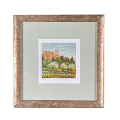 Signed & Numbered Italian Print | Signed & Numbered 63/99 print of Italian town take from outlying field. 4.5 x 4.75in sight. - l. 9.5 x...
