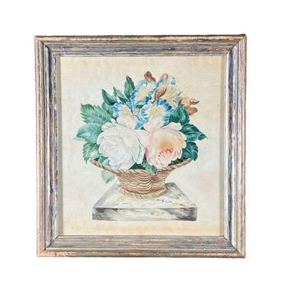 Flower Bouquet Watercolor Painting | Depicts bouquet of flowers in woven basket atop marble. - l. 10.5 x h. 11.25 in 