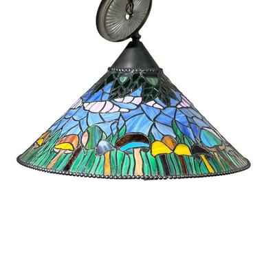 Colorful Leaded Stained Glass Fixture | Large leaded stained glass hanging light depicting mushrooms, tall grass, and leaves on a blue...