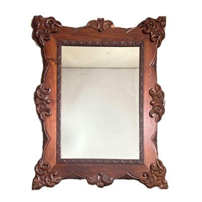 Carved Mirror | Walnut Mirror with ornate carving on border. - l. 30 x h. 36 in 